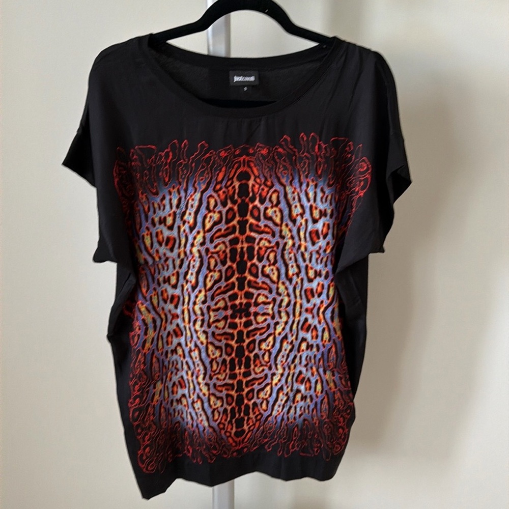 Just Cavalli Black Tunic with Red and Orange Animal Print